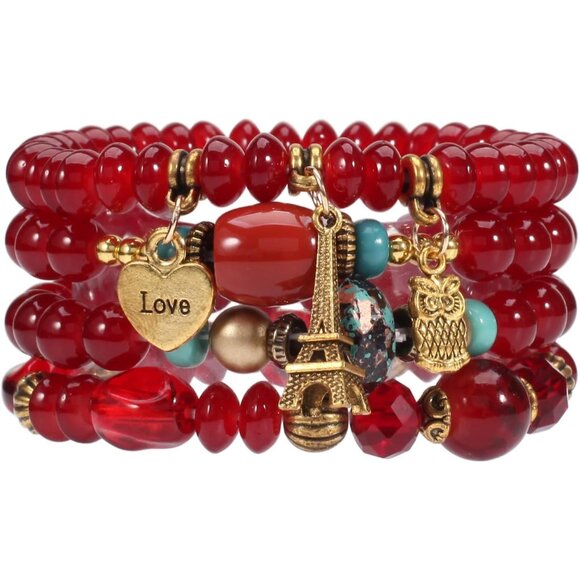 Bohemian Multilayer Glass Beaded Rubber Rope Chain Charm Stackable Bracelets - Picture 4 of 9